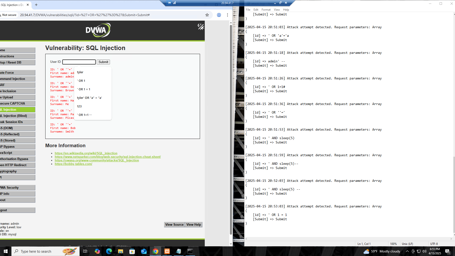 SQL-related logs from DVWA honeypot traffic